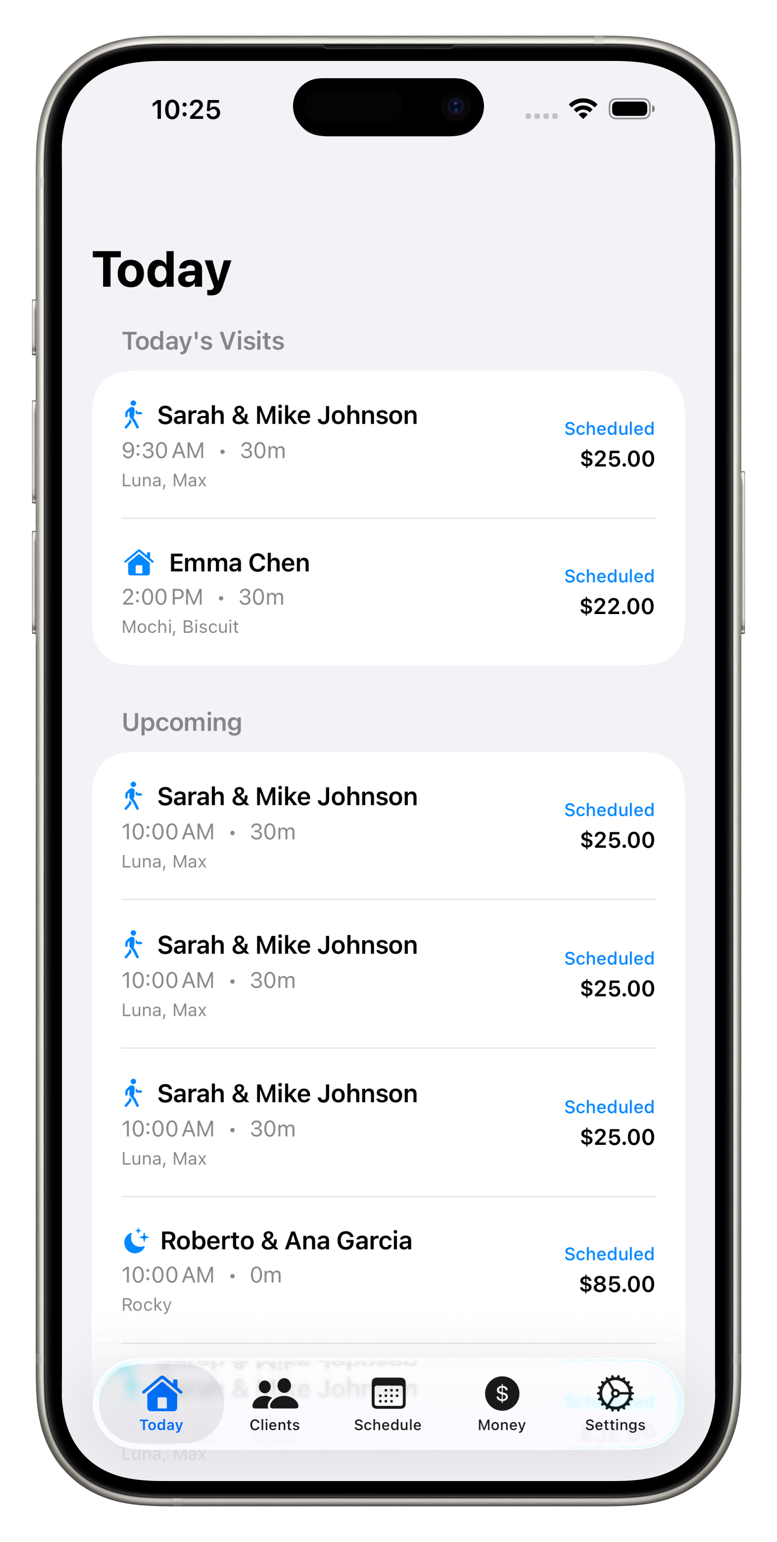 Today's Dashboard showing visits and schedule
