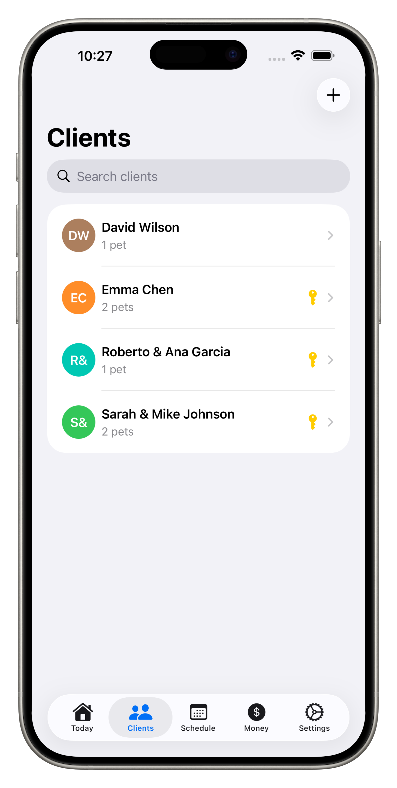 Clients list with pet counts