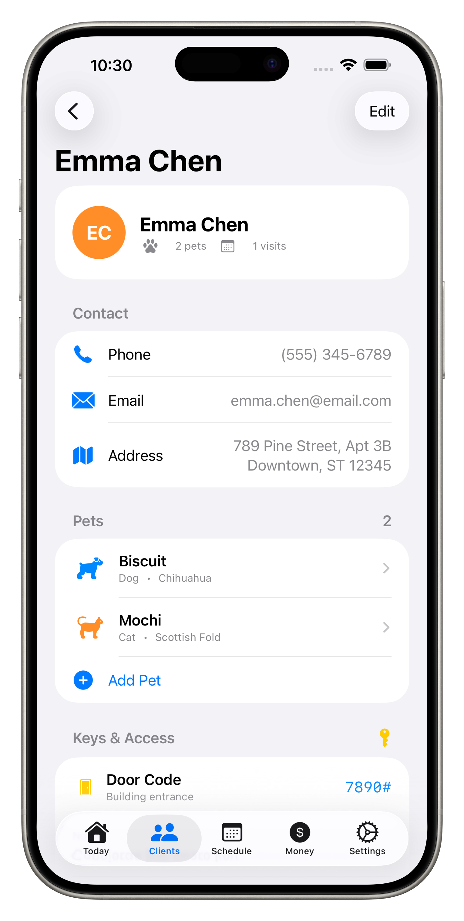 Client detail with pets and access info
