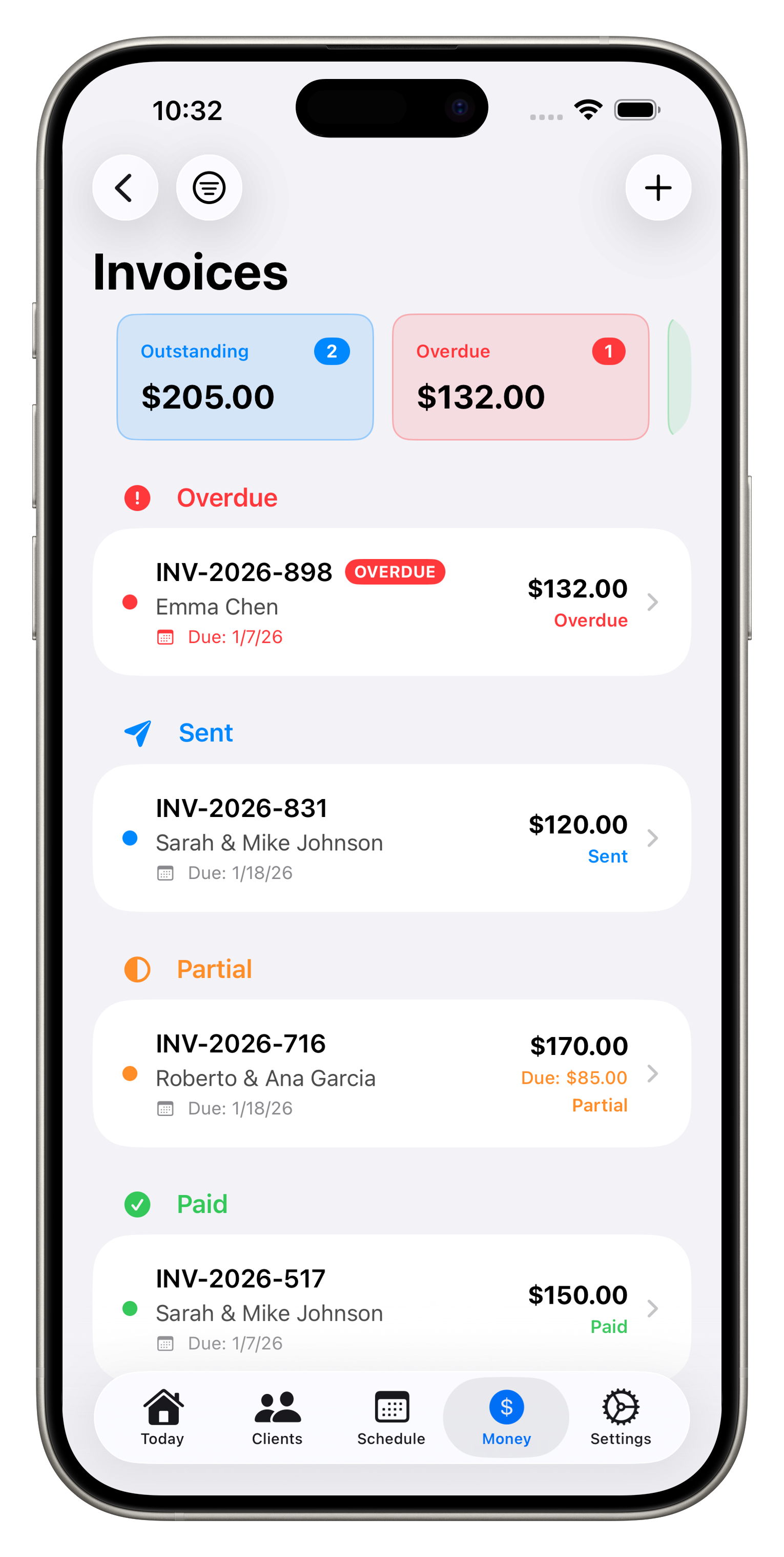 Invoice list with status filters