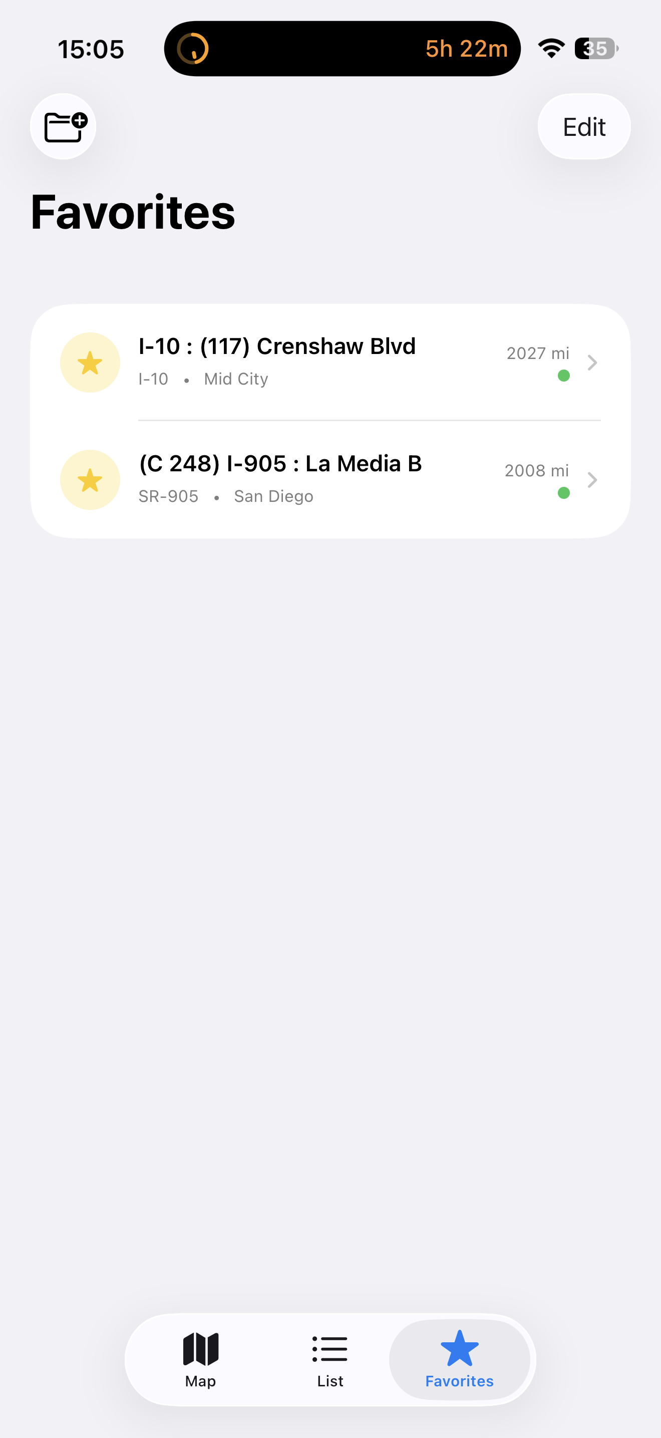 Favorites list with saved cameras