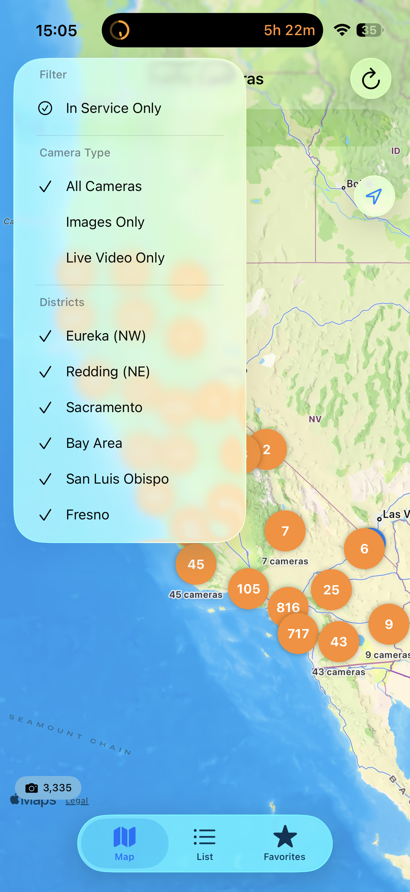 Filter menu for districts and camera types